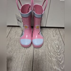 Pink Toddler Rain Water Puddle Rubber Boots with Light Blue Toes and Star Accent